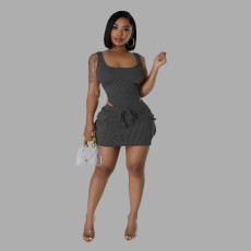 Casual Solid Color Sleeveless Bodysuit Two Piece Skirts Set GKLE-5920