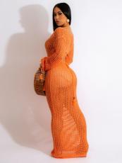 Hollow Out Knits Deep V Neck Beach Long Dress GKLE-5600