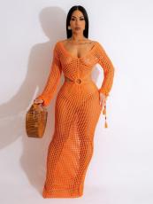 Hollow Out Knits Deep V Neck Beach Long Dress GKLE-5600