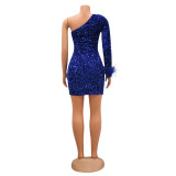 Single Shoulder Feather Sleeve Mini Dress GOSD-6935