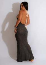 Solid Color Backless Knits Halterneck Beach Dress GKLE-0420