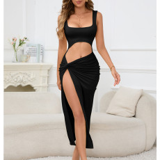 Solid Color Hollow Out Split Maxi Dress YMYF-9316
