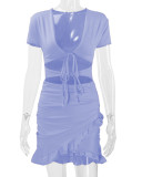 Deep V Neck Tie Up Ruffles Two Piece Skirts Set YMYF-0876