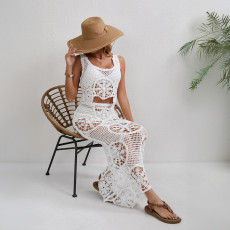 Sexy Hollow Out Beach Sleeveless Two Piece Skirts Set GKLE-3631