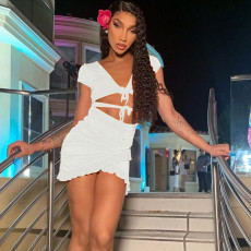 Deep V Neck Tie Up Ruffles Two Piece Skirts Set YMYF-0876