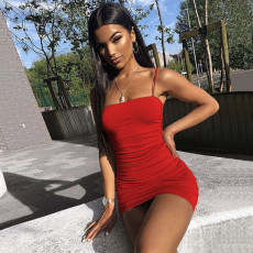 Solid Color Pleated Sling Mini Dress YMYF-831