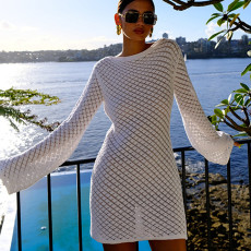 Solid Color Knits Long Sleeve Beach Dress GKLE-82353