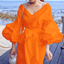 Sexy Tie Up Bubble Sleeve V-Neck Blouse GCZF-8620