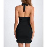 Sexy Halterneck Pleated Ruffles Mini Dress YMYF-9315