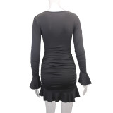V Neck Ruffles Sleeve Pleated Mini Dress YMYF-9267