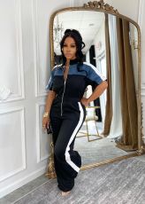 Denim Patchwork Color Block Two Piece Pants Set TE-4730