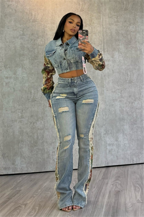 Print Color Block Denim Two Piece Pant Set YUMT-YMT410