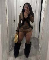 Pre Order: About 7 work days shipping Fur Patchwork Leopard Print Two Piece Skirts Set YUEM-2025200
