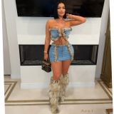 Plush Patchwork Bustier Tops And Skirts Denim 2 Piece Set YRST-T034