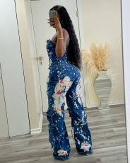 Strapless Splash Ink Print Denim Jumpsuit YRST-R088