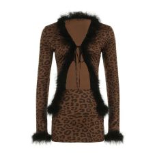 Pre Order: About 7 work days shipping Fur Patchwork Leopard Print Two Piece Skirts Set YUEM-2025200