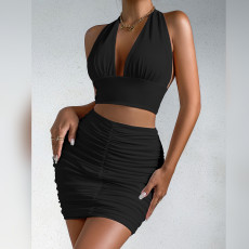 Sexy V Neck Halterneck Two Piece Skirts Set YMYF-9270