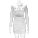 Solid Color Pleated Hollow Out Mini Dress YMYF-9238