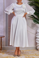 Plus Size Flower Decoration Lantern Sleeve Long Dress MK-3210
