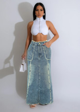 Holes Loose Denim Long Skirt WAF-77692