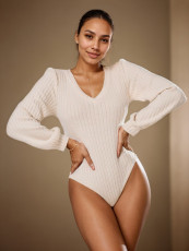 Lantern Sleeve Knits V Neck Bodysuit GZJF-12003
