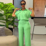 Solid Color Short Sleeve Shirt Loose Pants Suit GCNE-7043