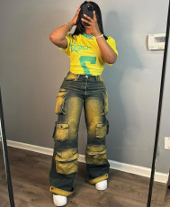 Plus Size Tie Dye Multi-pocket Jeans GAKF-408022