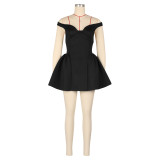 V Neck Off Shoulder Puffy Mini Dress AIL-309