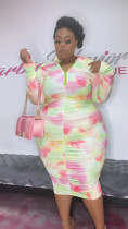 Plus Size Zipper Print Long Sleeve Midi Dress WUM-22811