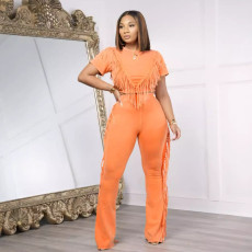 Fashion Solid Color Tassel Two Piece Pants Set GTYZ-7449