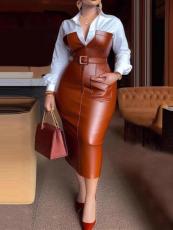 PU Leather Belt Patchwork Blouse Long Sleeve Dress GXYY-8409