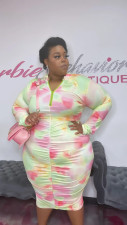 Plus Size Zipper Print Long Sleeve Midi Dress WUM-22811