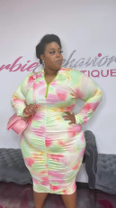 Plus Size Zipper Print Long Sleeve Midi Dress WUM-22811