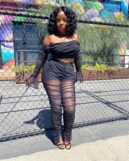 Sexy Wrap Chest Pleated Long Sleeve Pants Suit WUM-858