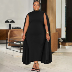 Plus Size Solid Color Patchwork Sleeve Maxi Dress NNWF-8059