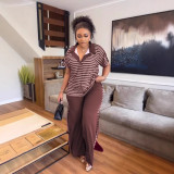 Stripe Print Short Sleeve Pants Loose Suit LS-0414