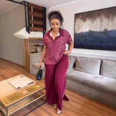 Stripe Print Short Sleeve Pants Loose Suit LS-0414