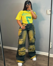 Plus Size Tie Dye Multi-pocket Jeans GAKF-408022