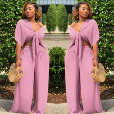 Solid Color Tie Up Wide Leg Pants Two Piece Set GTYZ-7003