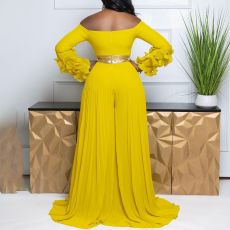 Plus Size One Shoulder Ruffles Sleeve Wide Leg Jumpsuit GCZF-8611