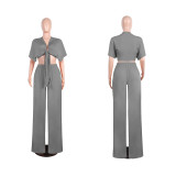 Solid Color Tie Up Wide Leg Pants Two Piece Set GTYZ-7003