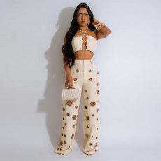 Sexy Holes Halterneck Two Piece Pants Set GTYZ-7436