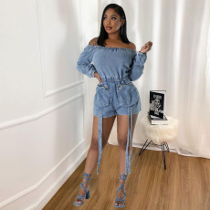Sexy Off Shoulder Long Sleeve Denim Romper GNZD-9822