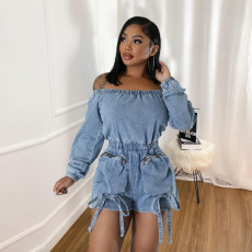 Sexy Off Shoulder Long Sleeve Denim Romper GNZD-9822