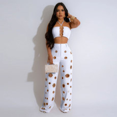 Sexy Holes Halterneck Two Piece Pants Set GTYZ-7436