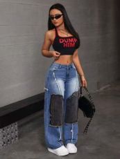 Fashion Patchwork Raw-edge Jeans WXHY-XHY4018