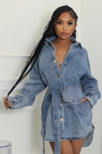 Long Sleeve Single-breasted Tie Up Denim Coat WXHY-XHY4013