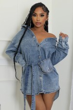 Long Sleeve Single-breasted Tie Up Denim Coat WXHY-XHY4013