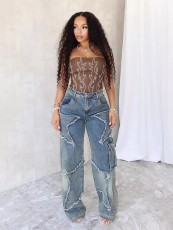 Star Tassel Raw Edge Loose Straight Jeans WXHY-XHY377