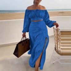 Solid Color Off Shoulder Split Long Skirt 2 Piece Set SFY-9067